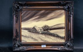 Oil Painting by Jack Cuthbert, depicting a croft, framed in ornate wooden frame. Measures 21" x 17".