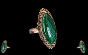 Marquise Cut Malachite Cabochon Statement Ring, 20cts in one marquise cut, natural malachite,