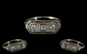 Art Deco Period 1930's - 18ct White Gold Attractive 3 Stone Diamond Ring,