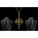 Victorian Period 1902 - 1910 Attractive 9ct Gold Amethyst and Pearl Open worked Pendant of