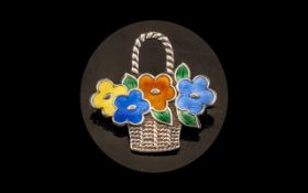Enamel Brooch Set in Silver, flowers in a basket design enamel on silver,