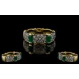 Ladies Attractive Contemporary 18ct White/Yellow Gold Diamond and Emerald Set Band Ring the