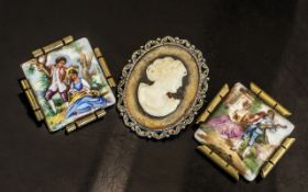 Pair of Limoges Brooches, Paint On Porcelain, depicting courting couples.