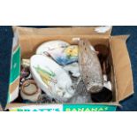 Box of Assorted Pottery & Glass, including vases, glass cake plate, bowls, jugs, glasses,