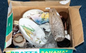 Box of Assorted Pottery & Glass, including vases, glass cake plate, bowls, jugs, glasses,