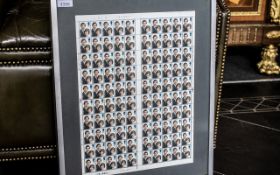 A Framed Full Sheet of Postage Stamps Charles and Diana sheet value 14 pounds. Glazed and framed.