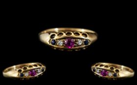 Victorian Period - Attractive 18ct Gold 5 Stone Ruby Diamond and Sapphire Ring, Gallery Setting.