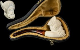 Meerschaum Pipe In Fitted Case Showing A Bearded Man Wearing A Decorative Turban, Amber Mouthpiece.