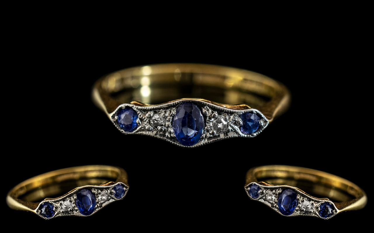 18ct Gold Platinum 1920's Exquisite Sapphire and Diamond Set Dress Ring of Petite Form marked 18ct