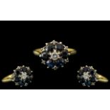 18ct Gold - Attractive Diamond and Sapphire Set Dress Ring, Flower head Design.