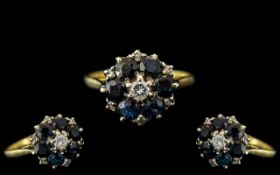 18ct Gold - Attractive Diamond and Sapphire Set Dress Ring, Flower head Design.