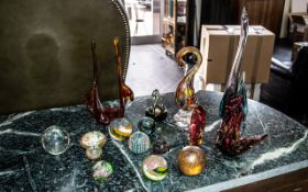 Collection of Glass Items, comprising a 11" Murano glass bird, a tall purple glass bird 15" tall,