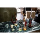 Collection of Glass Items, comprising a 11" Murano glass bird, a tall purple glass bird 15" tall,