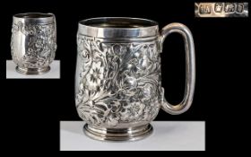 Late Victorian Period Embossed Sterling Silver Small Christening Cup with Large C Handle with Large