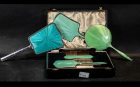 Boxed Vintage Art Deco Enamelled Guilloche Dressing Table Set, comprising a mirror,