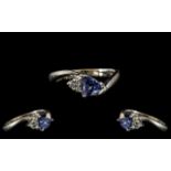 Ladies 14ct White Gold Attractive Diamond & Tanzanite Set Dress Ring,