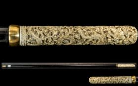 Antique Period Fine Quality Carved Handle Ebony Walking Stick,