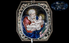 Antique Limoges Religious Enamel Plaque on Copper, mounted in a silver frame, signed to verso.