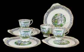 Royal Albert Silver Birch Set of Four Breakfast Cups and Four Handled Sandwich Plates.