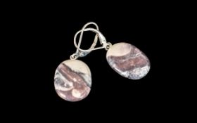 Designer Scottish Agate Drop Earrings In Silver. Lovely Statement Earrings In Polished Agate,