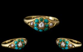Victorian Period - Pretty and Petite 18ct Gold Pearl and Turquoise Set Ring.