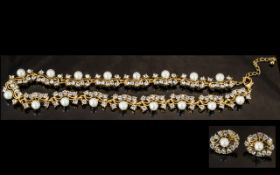 Designer Statement Gold Plated Pearl & Diamante Necklace, with matching earrings.
