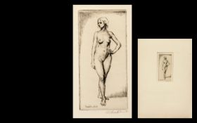G L Brockhurst RA Etching of Standing Nude, pencil signed, on cream card, image measures 6" x 3".