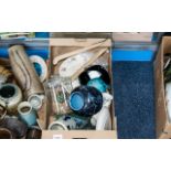 Box of Assorted Pottery & Glass, including cake plate, bowls, vases, cabinet plates,