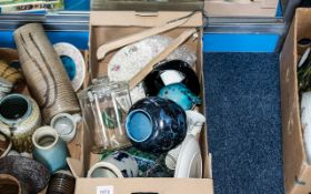 Box of Assorted Pottery & Glass, including cake plate, bowls, vases, cabinet plates,