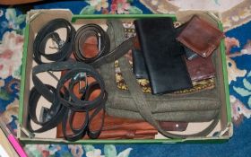 Collection of Items including a Scottish Tweed satchel bag, five leather belts with fashion buckles,