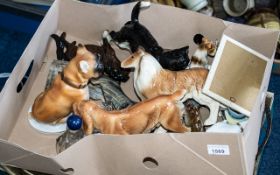 Collection of Pottery, Porcelain and Glass Animal Figures including dogs, cats, horses, swan, owls,