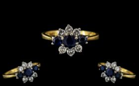 18ct Gold Attractive and Petite Diamond & Sapphire Set Ring- Full Hallmark for 750 to Interior of