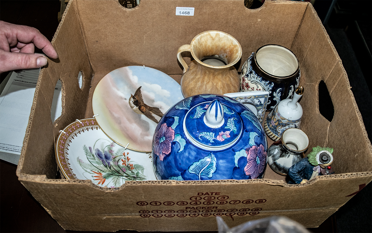 Large Box of Ceramics and Porcelain, to include two antique, hand painted plates,
