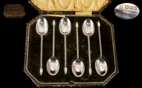 A Boxed Set of Good Quality Sterling Silver Barley Twist Stems Tea-Spoons hallmark Sheffield 1923.