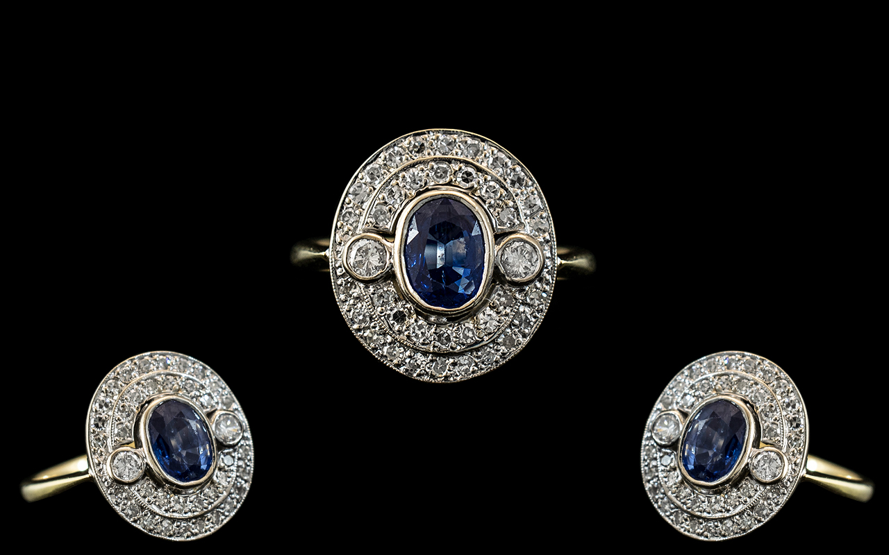 18ct Gold - Attractive and Good Quality Diamond and Sapphire Set Dress Ring of Pleasing Design.