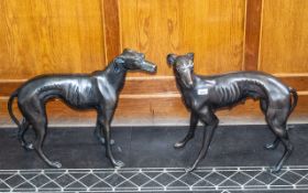 Pair of Large Cast Bronze Male & Female Whippet Dogs.