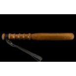 Antique Wooden Truncheon - Turned Handle, Leather Strap - Numbers Engraved in Truncheon.