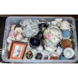 A Box of Miscellaneous to include a cruet stand, Wedgwood Jasper ware, figures, mugs, ornaments etc.