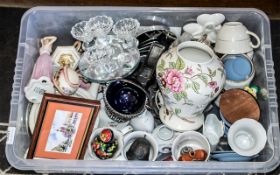 A Box of Miscellaneous to include a cruet stand, Wedgwood Jasper ware, figures, mugs, ornaments etc.