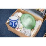 Box of Assorted Pottery & Glass, including vintage glass light shades,