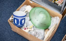 Box of Assorted Pottery & Glass, including vintage glass light shades,