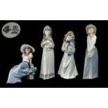 Nao by Lladro Collection of 4 Hand Painted Porcelain Figurines. Depicts 4 Young Girls In Various