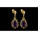 Antique Pair of Attractive 9ct Gold Amethyst Set Drop Earrings.