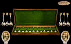 John Pinches Royal Horticultural Society Set of 12 Sterling Silver Spoons,