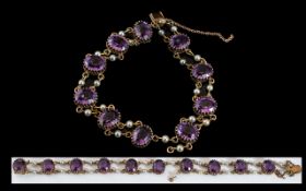 Antique Period - 9ct Gold Nice Quality Amethyst and Seed Pearl Set Bracelet. Fully Hallmarked for 9.