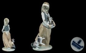 Lladro - Hand Painted Porcelain Figure ' Following Her Cats ' Kittens. Model No 1309.