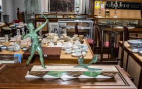 French Art Deco Period Large Patinated Green Spelter Figure Group, Raised on a Geometric Marble