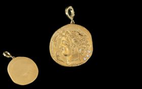 An Azlee Designer Diamond Pendant of Coin Form set with three round brilliant cut diamonds,
