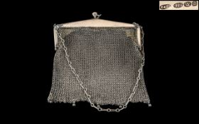 Edwardian Period 1901 - 1910 Ladies Sterling Silver Mesh Purse, With Double Ball Lock and Chain.