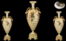 Royal Worcester - Hand Painted Blush Ivory Twin Handle Urn Shaped Tall Vase.